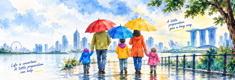 Family walking under umbrellas in Singapore, representing household financial